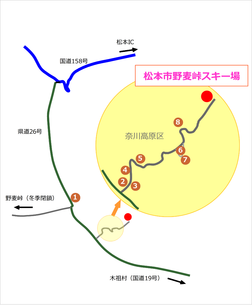 野麦峠スキー場周辺宿泊施設マップ